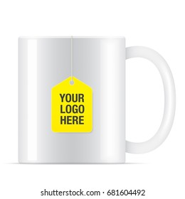 White vector teacup with yellow tea bag, isolated on background. Steam coming up from a white vector tea cup template.