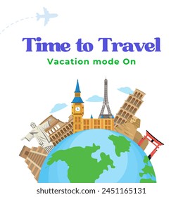 White vector template for advertising post with 3D elements. Time to see world. Organization of trips abroad. Travel guide services. Reservations and purchase of tourist tickets. Travel post template