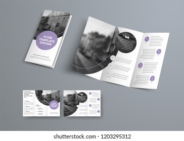 White vector three-fold brochure design with purple circles and place for photo. Universal Template for business and advertising.