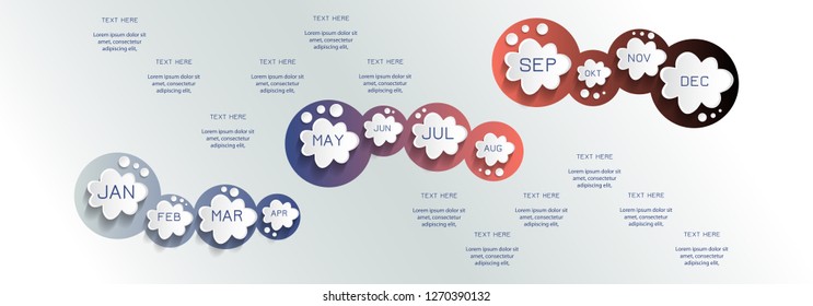 White vector timeline presentation for 1 year, 12 months.