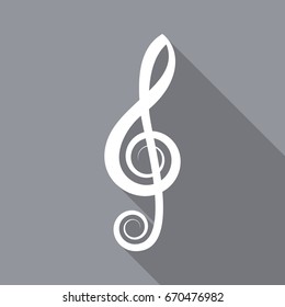 White vector treble clef flat icon long shadow