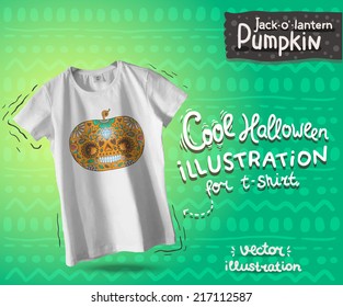 White vector t-shirt mock up with Day of The Dead Happy halloween pumpkin skull with floral ornament . Hipster vector illustration for your design. 