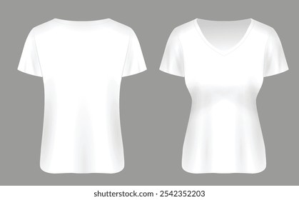 Camiseta de Vector blanco. Plantilla de la camiseta de la mujer aislada en fondo rosado. Maqueta realista.
