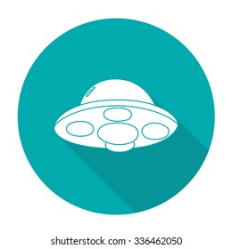 White vector UFO on color circle background.