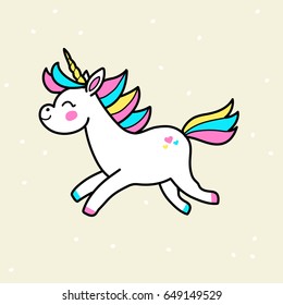 White vector unicorn patch with rainbow mane and horn. Running unicorn isolated on background. 