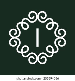 White Vector Vintage Twirl Frame for Letter Monogram on Dark green background. Can be used as templates for labels or stickers
