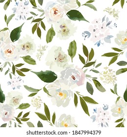 White vector watercolor flowers with leaves. Loose watercolor repeat pattern or seamless pattern. Perfect for stationery, textiles, and surface designs