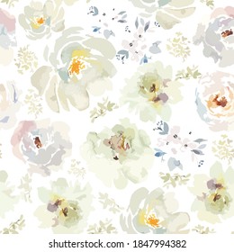 White vector watercolor flowers with leaves. Loose watercolor repeat pattern or seamless pattern. Perfect for stationery, textiles, and surface designs