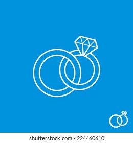 White vector wedding rings outline icon on blue