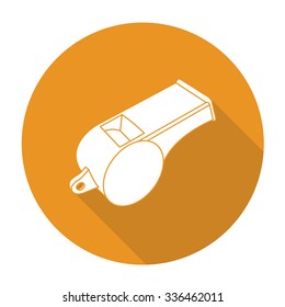 White vector whistle on color circle background.