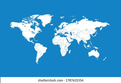 white vector world map flat on blue background