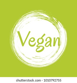 White vegan diet label, painted logo emblem for food packaging, circle stamp vector illustration. Food vegan sticker, round logo vegetarian diet icon clip art, simple label graphic design.