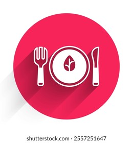 White Vegan food diet icon isolated White background. Organic, bio, eco symbol. Vegan, no meat, lactose free, healthy, fresh and nonviolent food. Red circle button. Vector