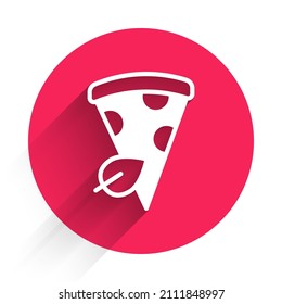 White Vegan pizza slice icon isolated with long shadow background. Red circle button. Vector