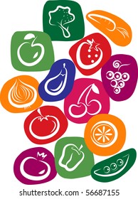 white vegetable and fruit icons on colorful background, vector illustration