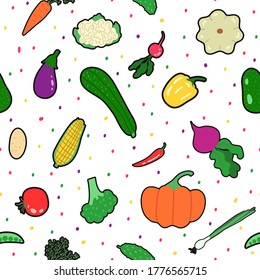 White vegetable seamless pattern, vector illustration. Hand drawn spring onion, chilli pepper, carrot, broccoli, radish, eggplant, beetroot, cucumber, zucchini, pumpkin, cauliflower, pattypan squash