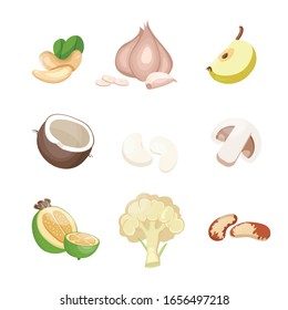 White vegetables and fruits. Vector illustration. A set of food of white color. Healthy lifestyle and diet, proper nutrition, raw food, vegetable nutrition. Healthy lifestyle.