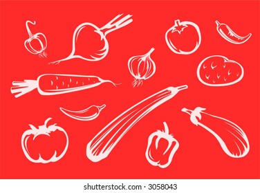 White vegetables silhouettes on a red background.