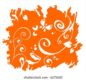 White vegetative curls and butterflies on an orange grunge background.
