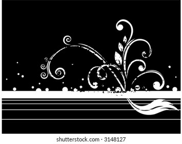 White vegetative ornament with circles and strips on a black background.