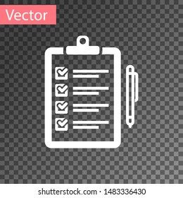White Verification of delivery list clipboard and pen icon isolated on transparent background.  Vector Illustration