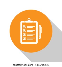 White Verification of delivery list clipboard and pen icon isolated on white background. Orange circle button. Vector Illustration