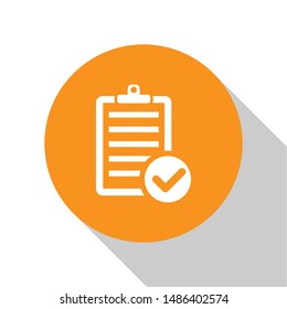 White Verification of delivery list clipboard and pen icon isolated on white background. Orange circle button. Vector Illustration