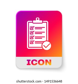 White Verification of delivery list clipboard and pen icon isolated on white background. Rectangle color button. Vector Illustration