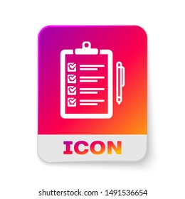 White Verification of delivery list clipboard and pen icon isolated on white background. Rectangle color button. Vector Illustration