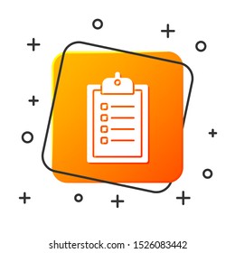 White Verification of delivery list clipboard icon isolated on white background. Orange square button. Vector Illustration