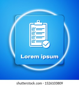 White Verification of delivery list clipboard and pen icon isolated on blue background. Blue square button. Vector Illustration