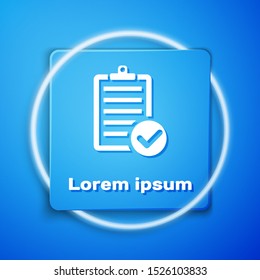 White Verification of delivery list clipboard and pen icon isolated on blue background. Blue square button. Vector Illustration