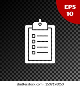 White Verification of delivery list clipboard icon isolated on transparent dark background.  Vector Illustration