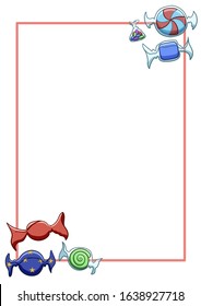 White vertical A4 copy space with different candies in the corners. Vector.