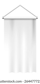 White vertical banner hanging on a metallic support with two screws, isolated against a clean white background, offering ample space for customization and design possibilities