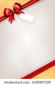 White vertical banner with red realistic 3d bow, paper label tag and empty space for text. Three dimensional silk scarlet bow in the corner with ribbon as frame for greeting card or giftbox wrapping