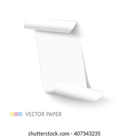 White vertical curved paper ribbon sheet banner with rolls isolated on white background. Realistic vector paper template with shadow for advertising