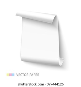 White vertical curved paper sheet banner with rolls isolated on white background. Realistic vector paper ribbon template with shadow for text message