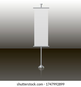 White vertical flag mockups. Vector banner flag templates hanging on a silver metallic pole