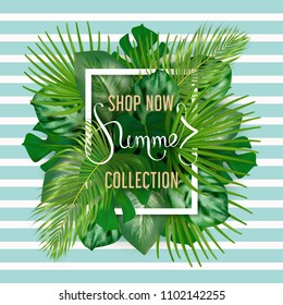 White vertical frame and handwriting lettering text Summer, golden text Collection, Shop Now. Photorealistic different leaves of tropical plants on a light background.