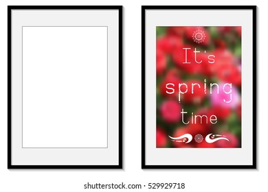 White vertical frame with realistic shadows. Vector mock up. EPS 10. Black frame with space for text or ad. Red spring photo with inscription.