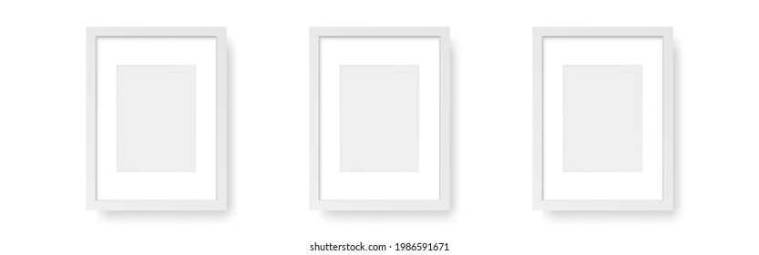 White vertical frames. Wall photos on white backdrop. Three empty mockups. Interior design elements. Wooden pictures set with soft shadow. Vector illustration.