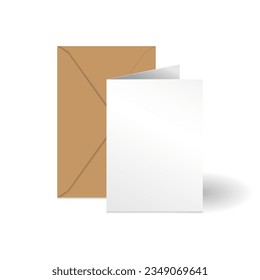 White vertical greeting card and brown kraft paper envelope mockup template. Isolated on white background. Ready to use for your design or business. Realistic vector illustration.
