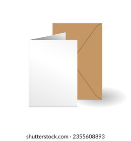 White vertical greeting card and brown kraft paper envelope mockup template. Isolated on white background. Ready to use for your design or business. Realistic vector illustration.