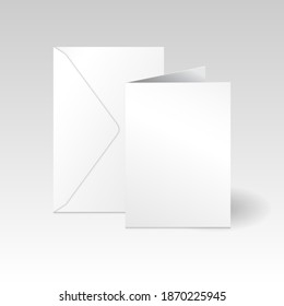 White vertical greeting card and envelope mockup template. Isolated on light gradient gray background with shadow. Ready to use for your design or business. Vector illustration.
