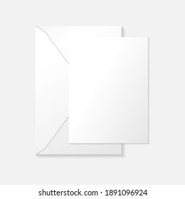 White vertical greeting card on envelope flat lay top view mockup template. Isolated on white background with shadow. Ready to use for your design or business. Vector illustration.