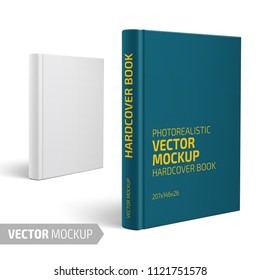White vertical hardcover book. Photo-realistic vector mockup template with sample design. Vector 3d illustration.