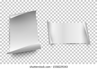 White vertical and horizontal paper sheets with curled edges isolated on transparent background. Vector design elements
