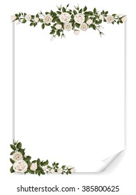 White vertical paper sheet decorated roses. Blank for Romantic greeting card or invitation.