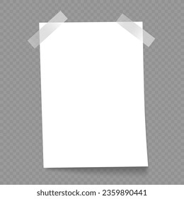 Plantilla de papel vertical blanco con cinta adhesiva y sombra sobre fondo gris. Página en blanco de hoja de notas de papel